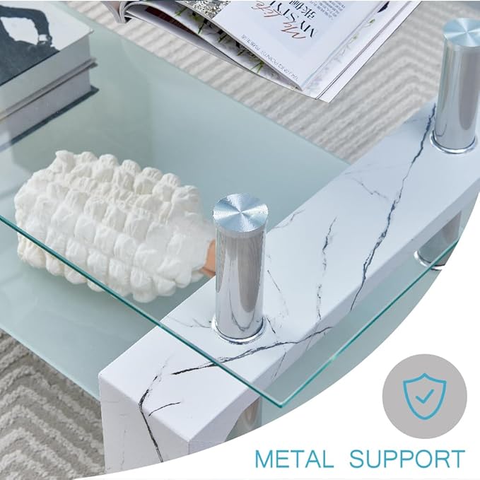 Living Room Rectangle Coffee Table, Tea Table Suitable for Waiting Room, Modern Side Coffee Table with Wooden Leg, Glass Tabletop with Lower Shelf, Marble - LeafyLoom