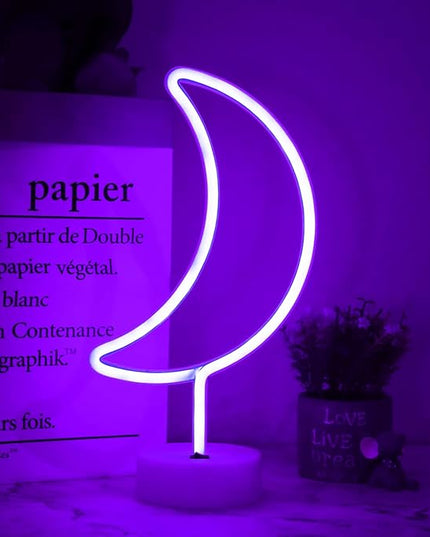 LED Moon Neon Signs Halloween Decor, Purple Crescent Night Lights USB Battery Operated Moon Lamp for Birthday Party, Wedding, Christmas Decorations-Moon with Holder Base(Purple) - LeafyLoom