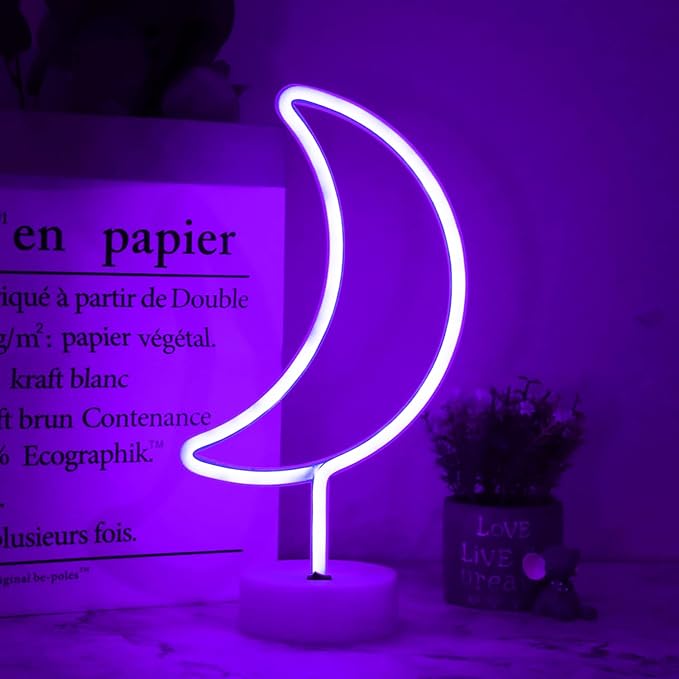 LED Moon Neon Signs Halloween Decor, Purple Crescent Night Lights USB Battery Operated Moon Lamp for Birthday Party, Wedding, Christmas Decorations-Moon with Holder Base(Purple) - LeafyLoom