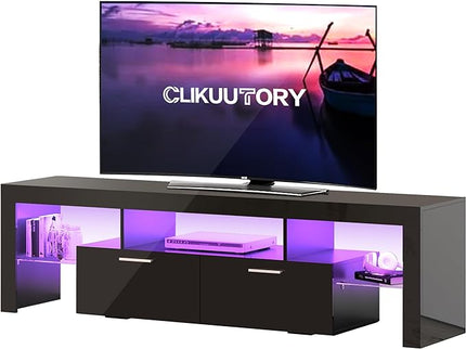 Clikuutory Modern LED 71 inch long TV Stand with Storage Drawer for 50 55 60 65 70 75 80 Inch TVs, Black Wood TV Console with High Glossy Entertainment Center for Gaming, Living Room, Bedroom - LeafyLoom