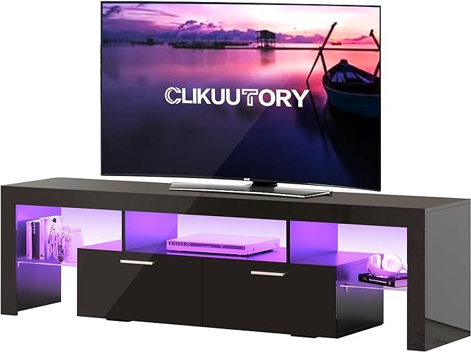 Clikuutory Modern LED 71 inch long TV Stand with Storage Drawer for 50 55 60 65 70 75 80 Inch TVs, Black Wood TV Console with High Glossy Entertainment Center for Gaming, Living Room, Bedroom - LeafyLoom