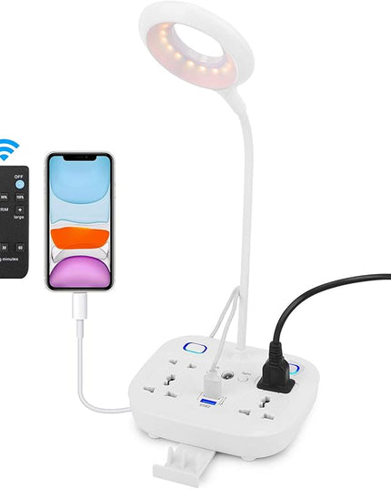 LED Desk Lamp, Adjustable Table Lamp Light with Remote Control, Eye-Caring Dimmable Office Lamp with 2 USB Charging Ports, 4 AC Power Outlets, Phone Stand, Multi Brightness Levels White - LeafyLoom