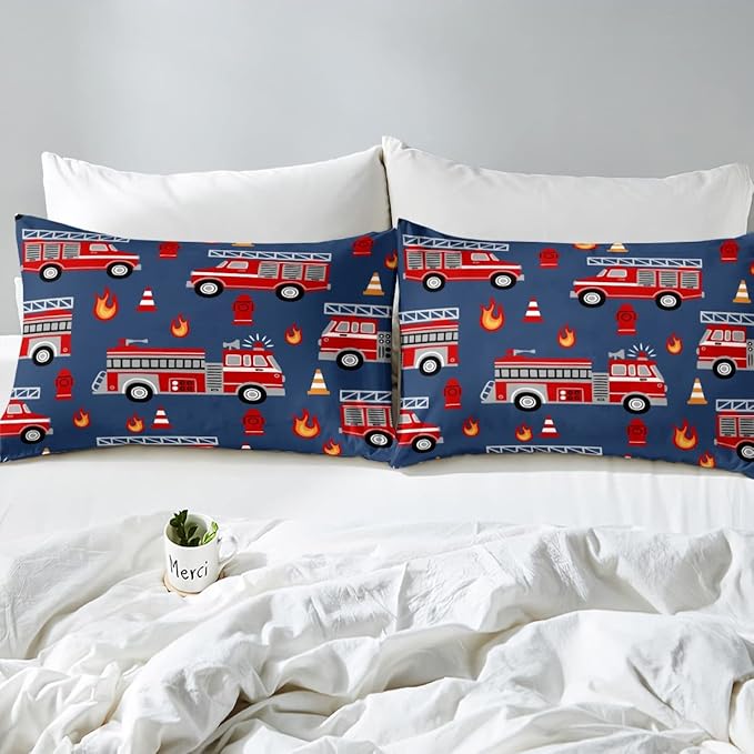Cartoon Car Bedding Set Fire Truck Comforter Set for Kids Boys Girls Teens Room Decor Firefighter Comforter Firemen Car Vehicle Fire Engine Blue Red Duvet Set 3Pcs King Size Boys - LeafyLoom