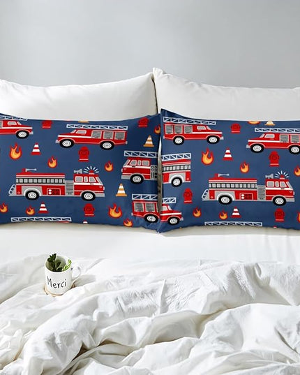 Cartoon Car Bedding Set Fire Truck Comforter Set for Kids Boys Girls Teens Room Decor Firefighter Comforter Firemen Car Vehicle Fire Engine Blue Red Duvet Set 3Pcs Full Size - LeafyLoom