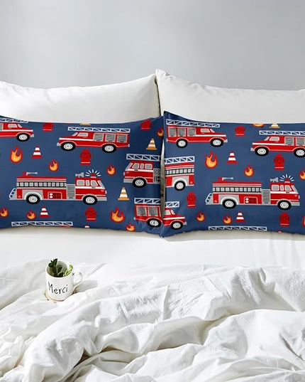 Cartoon Car Bedding Set Fire Truck Comforter Set for Kids Boys Girls Teens Room Decor Firefighter Comforter Firemen Car Vehicle Fire Engine Blue Red Duvet Set 3Pcs Queen Size - LeafyLoom