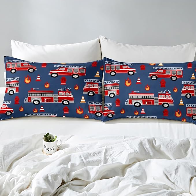 Cartoon Car Bedding Set Fire Truck Comforter Set for Kids Boys Girls Teens Room Decor Firefighter Comforter Firemen Car Vehicle Fire Engine Blue Red Duvet Set 3Pcs Queen Size - LeafyLoom
