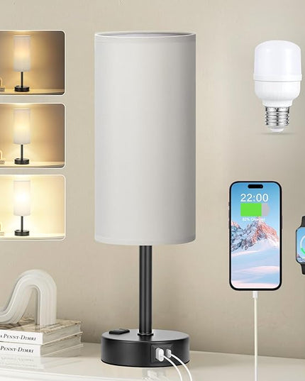 Grey Touch Bedside Lamp for Bedroom - 3 Way Dimmable Table Lamp USB C Charging Ports and AC Outlet, Small Desk Lamp for Living Room, Office, LED Bulb Included - LeafyLoom