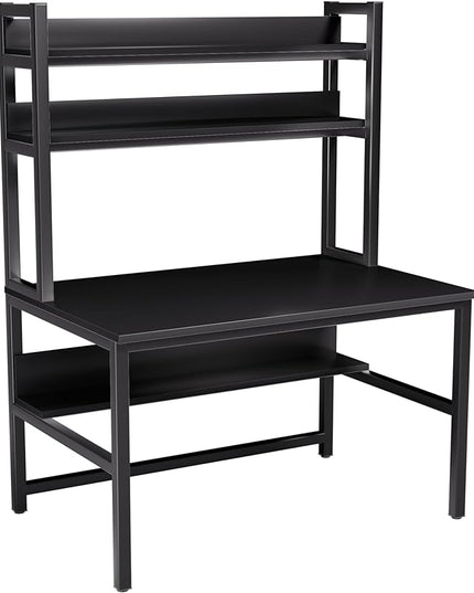 Aquzee Computer Desk with Hutch and Bookshelves, Large Leg Room 55 inch Width Black Desk with Space Saving Storage Shelves, Easy Assemble and All Hardware and Tools Included - LeafyLoom