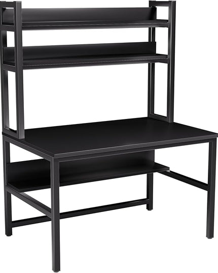 Aquzee Computer Desk with Hutch and Shelves, 47-Inch Wide Office Desk with 3-Tier Storage Shelves for Space-Saving, Modern Standing Desk for Study and Writing Work, Easy to Assemble, Black - LeafyLoom