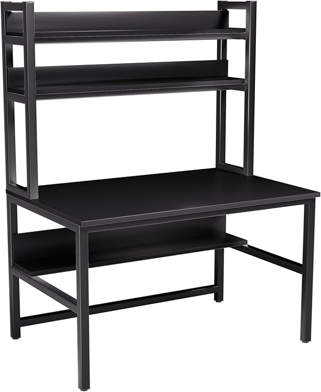 Aquzee Computer Desk with Hutch and Shelves, 47-Inch Wide Office Desk with 3-Tier Storage Shelves for Space-Saving, Modern Standing Desk for Study and Writing Work, Easy to Assemble, Black - LeafyLoom
