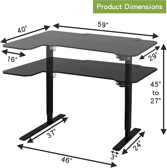 Radlove 59-Inch Large Electric Height Adjustable Computer L-Shaped Desk with Memory Controller Corner Standing Desk Modern Workstation with Splice Board Game Ergonomic Desk (Black Frame + Black Top) - LeafyLoom