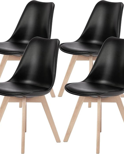 Sweetrcrispy Dining Chairs Set of 4, Kitchen Room PU Leather Mid Century Modern Chairs, Upholstered Dining Desk Chairs with Wood Legs for Home Office, Black - LeafyLoom