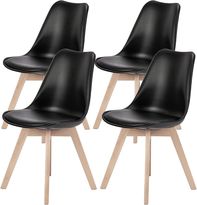 Sweetrcrispy Dining Chairs Set of 4, Kitchen Room PU Leather Mid Century Modern Chairs, Upholstered Dining Desk Chairs with Wood Legs for Home Office, Black - LeafyLoom