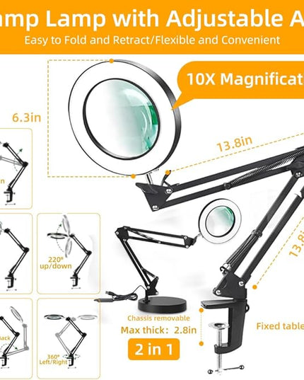 CANMEIJIA 10X Magnifying Glass with Light and Stand,5 Color Modes Stepless Dimmable Clamp on Desk Lamp,2-in-1 Hands-Free Magnifier Lamp for Craft,Painting,Soldering,Hobby,Sewing,Close Work,Reading - LeafyLoom