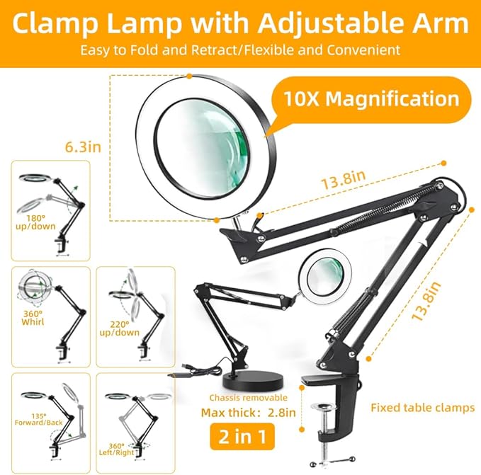 CANMEIJIA 10X Magnifying Glass with Light and Stand,5 Color Modes Stepless Dimmable Clamp on Desk Lamp,2-in-1 Hands-Free Magnifier Lamp for Craft,Painting,Soldering,Hobby,Sewing,Close Work,Reading - LeafyLoom