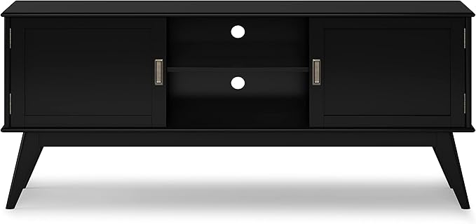 SIMPLIHOME Draper SOLID HARDWOOD 60 Inch Wide Mid Century Modern Low TV Media Stand in Black for TVs up to 65 Inches, For the Living Room and Entertainment Center - LeafyLoom