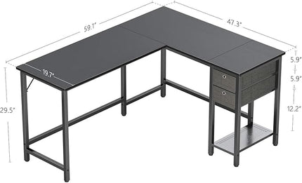 BANTI L-Shaped Computer Desk, Home Office Corner Desk with Non-Woven Drawer, Sturdy Writing Table, Space-Saving,Black - LeafyLoom