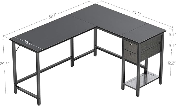 BANTI L-Shaped Computer Desk, Home Office Corner Desk with Non-Woven Drawer, Sturdy Writing Table, Space-Saving,Black - LeafyLoom
