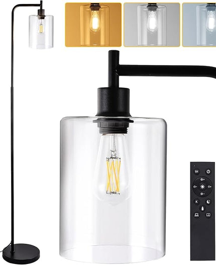 Litake Industrial Floor Lamp, Dimmable Modern Standing Lamp with Clear Glass Shade, Black Tall Lamp with Remote & Foot Control, LED Bright Corner Lamp with 6W Bulb for Living Room Bedroom Office - LeafyLoom