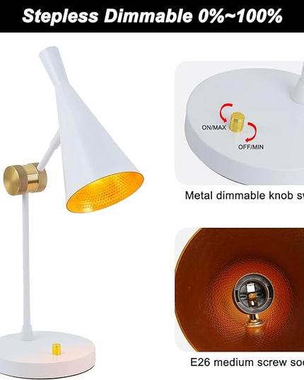 Vintage Industrial Table Lamp for bedroom, Adjustable Dimmable Desk Lamp, Brass Inner Shade Metal Table Lamp for Study, Home Office, Bedside, Nightstand, Reading Lamp Modern Mid-century, White - LeafyLoom