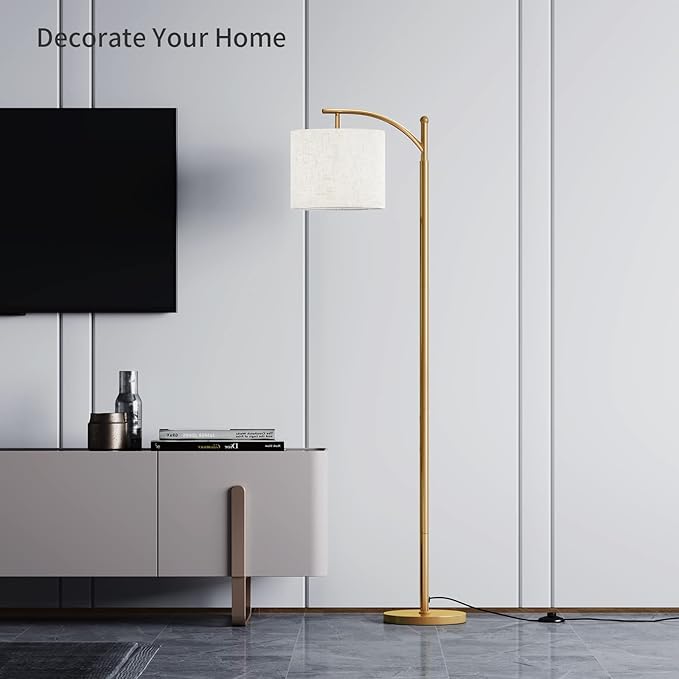 SUNMORY Arc Floor Lamp, Modern Floor Lamp with Romote Control and Stepless Dimmable Bulb, Metal Standing Lamps with Hanging Lampshade for Living Room, Bedroom, Office (Gold) - LeafyLoom