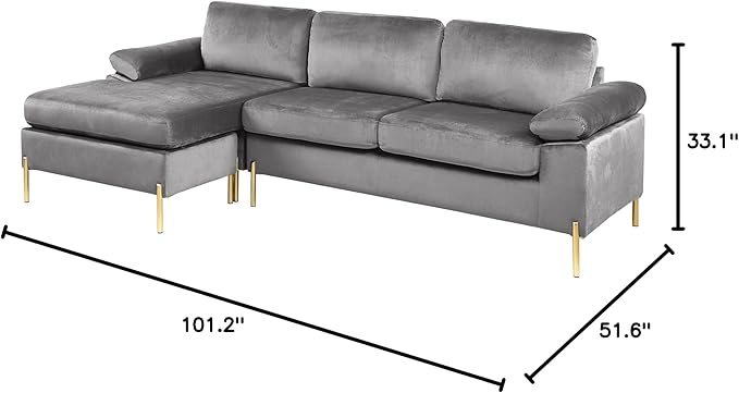 L Shaped Couch with Chaise, Velvet Upholstered Sectional, Metal Leg & Rolled Armrests, Futon Sofa for Living Room, Apartment and Office, Gray, 101.2, Gray1 - LeafyLoom