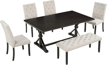 Wood Rectangular Dining Set for 6, includes 1 Table with Cross-Legged Trestle Base, 4 Upholstered High Back Chairs & 1 Bench, Farmhouse Style, Espresso, 72" L x 42" W x 30" H - LeafyLoom