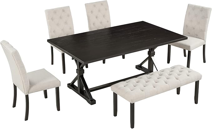 Wood Rectangular Dining Set for 6, includes 1 Table with Cross-Legged Trestle Base, 4 Upholstered High Back Chairs & 1 Bench, Farmhouse Style, Espresso, 72" L x 42" W x 30" H - LeafyLoom