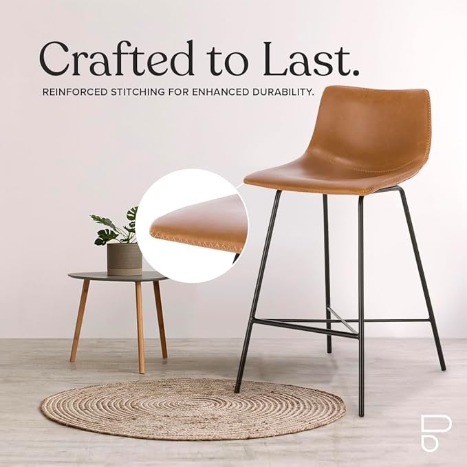 Poly and Bark Counter Stool 24 inches - Counter Height Bar Stools Set of 3 - Sturdy Kitchen Stools with Backs - Comfortable Bar Chair - Modern Countertop-High Chairs, Kitchen Island Barstools – Tan - LeafyLoom