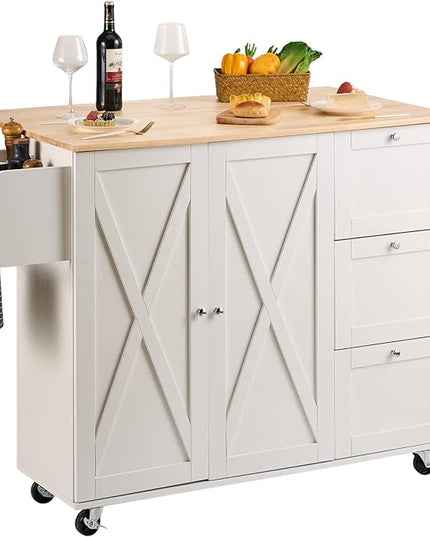 VEVOR Kitchen Island Cart with Solid Wood Top, 45.3" Width Mobile Carts with Storage Cabinet, Rolling Table with Spice Rack, Towel Rack, Drop Leaf and Drawer, Portable Islands on Wheels, White - LeafyLoom