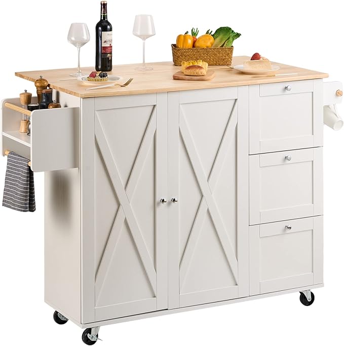 VEVOR Kitchen Island Cart with Solid Wood Top, 45.3" Width Mobile Carts with Storage Cabinet, Rolling Table with Spice Rack, Towel Rack, Drop Leaf and Drawer, Portable Islands on Wheels, White - LeafyLoom