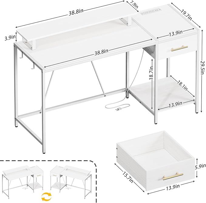 White Computer Desk with Drawer and Power Outlets, 55" Office Desk with Monitor Stand and Sheleves,Writing Study Gaming Desks with Led Light and Headphone Hook for Bedroom - LeafyLoom