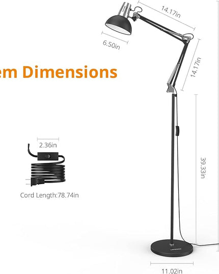 LEPOWER Floor Lamp, Swing Arm Floor Lamp, Industrial Floor Lamp with Heavy Metal Base, E26 Lamp Base Standing Reading Lamp, Modern Floor Lamp for Home Office, Living Room, Bedroom Black - LeafyLoom