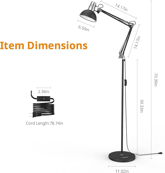 LEPOWER Floor Lamp, Swing Arm Floor Lamp, Industrial Floor Lamp with Heavy Metal Base, E26 Lamp Base Standing Reading Lamp, Modern Floor Lamp for Home Office, Living Room, Bedroom Black - LeafyLoom