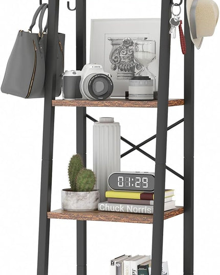 YMYNY 4 Tiers Ladder Bookcase, Industrial Narrow Bookshelf, Open Display Rack with 4 S Hooks, Metal Storage Shelves for Bedroom, Home Office, Living Room, Rustic Brown, 49.2H*13.4L*11.8W, UHBC024H - LeafyLoom