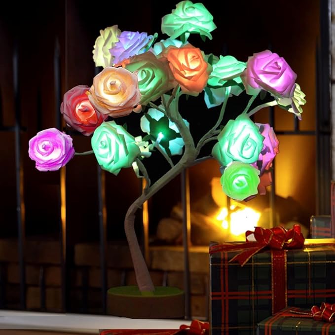 COLORLIFE Tabe Lamp Color Changing Flower Tree Rose lamp with Remote Control with Timer Christmas Birthday Gift for Girl Kids Women for Holiday and Party(White) - LeafyLoom