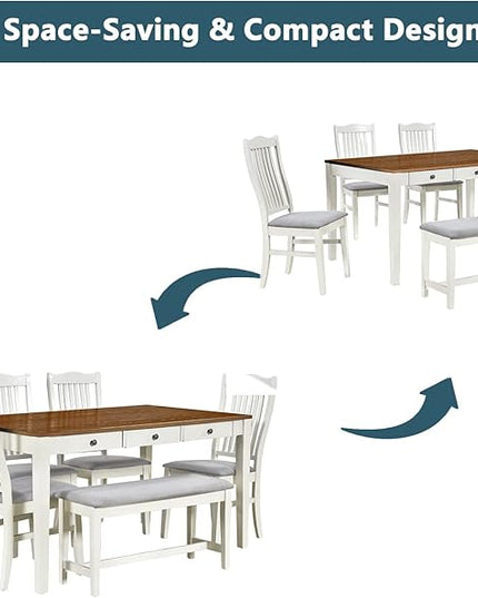 Mid-Century 6-Piece Wood Dining Table Set with Storage Drawer, Upholstered Chairs and Bench, Walnut Tabletop Kitchen Furniture for Living Room, Small Apartments, Butter Milk - LeafyLoom