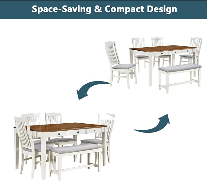 Mid-Century 6-Piece Wood Dining Table Set with Storage Drawer, Upholstered Chairs and Bench, Walnut Tabletop Kitchen Furniture for Living Room, Small Apartments, Butter Milk - LeafyLoom
