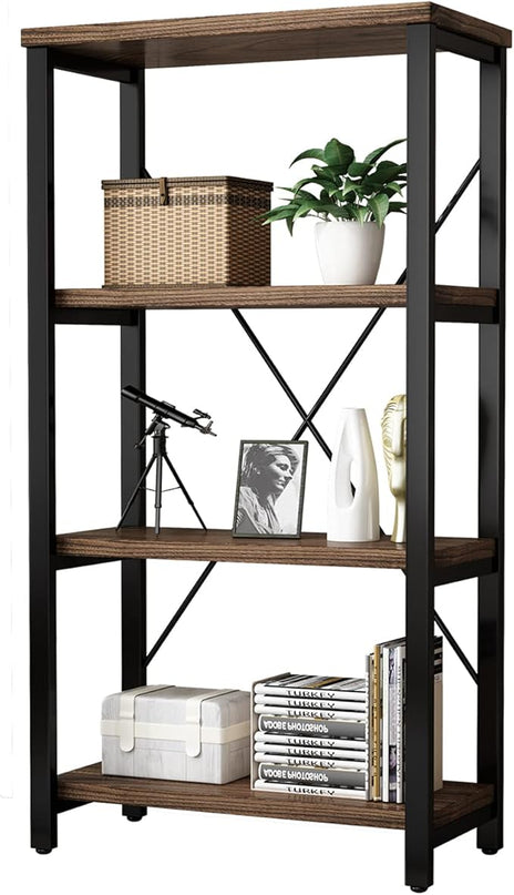 4 Tier Bookshelf, Solid Wood Bookcase Shelf Storage Organizer, Vintage Storage Rack with Open Shelves Rustic Standing Bookshelves for Living Room,Bedroom Rustic Brown(AY01-4tier) - LeafyLoom