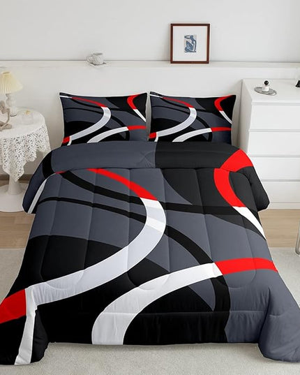 Geometric Circle Comforter Set Red Grey and Black Comforter for Kids Boys Girls Teens Geometry Bedding Set Breathable Abstract Art Duvet Set Modern Luxury Room Decor Quilt Set Full Size - LeafyLoom