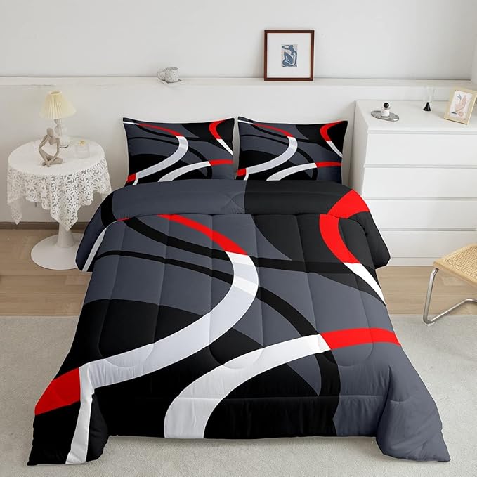Geometric Circle Comforter Set Red Grey and Black Comforter for Kids Boys Girls Teens Geometry Bedding Set Breathable Abstract Art Duvet Set Modern Luxury Room Decor Quilt Set Full Size - LeafyLoom
