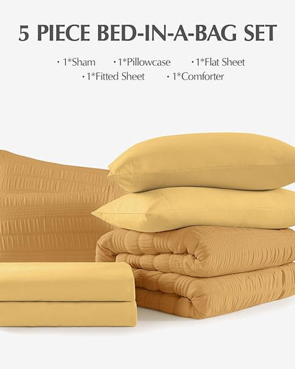 CASAAGUSTO Twin XL comforter Set, 5 Pieces Mustard Yellow Seersucker Bed in a Bag Twin XL Soft All Seasons, Twin XL Bedding Set with Comforter, Flat Sheet, Fitted Sheet, 1 Pillow Sham, 1 Pillowcase - LeafyLoom