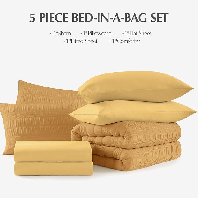 CASAAGUSTO Twin XL comforter Set, 5 Pieces Mustard Yellow Seersucker Bed in a Bag Twin XL Soft All Seasons, Twin XL Bedding Set with Comforter, Flat Sheet, Fitted Sheet, 1 Pillow Sham, 1 Pillowcase - LeafyLoom