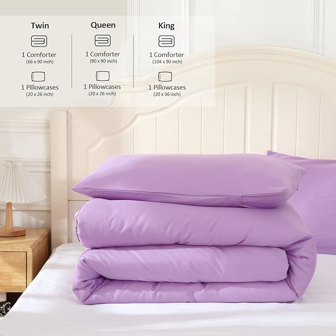 Lavender Purple Comforter Twin Size, Modern Bedding Set for Girls/Women, Cute Soft & Lightweight Chic Microfiber Bed Sets, 2pc- 1 Comforter & 1 Pillowcase (66x90 Inches) - LeafyLoom