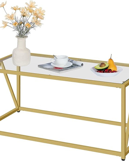 HOOBRO Glass Coffee Table, Gold Coffee Tables for Living Room, Gold Glass Coffee Table,1 Layer Center Table, Modern, for Apartment, Office, 39.4 x 19.7 x 17.7 Inches, Easy Assembly, Golden GD04KF01 - LeafyLoom