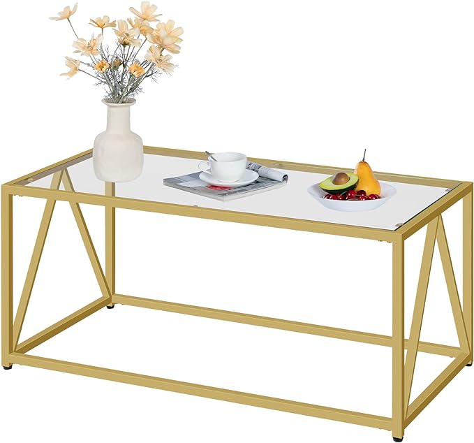 HOOBRO Glass Coffee Table, Gold Coffee Tables for Living Room, Gold Glass Coffee Table,1 Layer Center Table, Modern, for Apartment, Office, 39.4 x 19.7 x 17.7 Inches, Easy Assembly, Golden GD04KF01 - LeafyLoom
