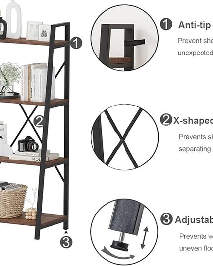 BON AUGURE Industrial Ladder Shelf Bookcase, 4 Tier Rustic Ladder Bookshelf, Standing Leaning Book Shelves for Living Room (Rustic Oak) - LeafyLoom
