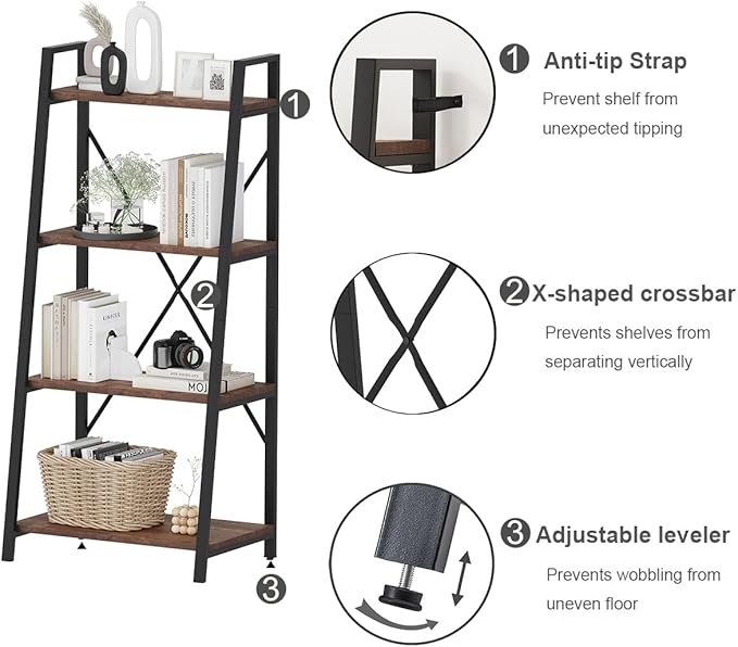 BON AUGURE Industrial Ladder Shelf Bookcase, 4 Tier Rustic Ladder Bookshelf, Standing Leaning Book Shelves for Living Room (Rustic Oak) - LeafyLoom