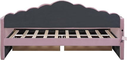 Twin Size Upholstered Daybed with 2 Drawers and Striped Headboard, Solid Wood Velvet Bed with USB Charging Ports, Space-Saving Design, No Box Spring Needed, for Living Room, Bedroom, Dorm, Pink - LeafyLoom