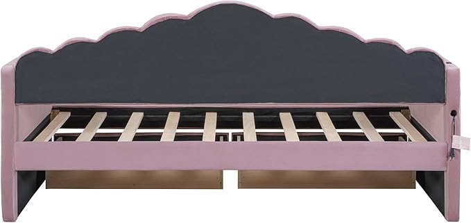 Twin Size Upholstered Daybed with 2 Drawers and Striped Headboard, Solid Wood Velvet Bed with USB Charging Ports, Space-Saving Design, No Box Spring Needed, for Living Room, Bedroom, Dorm, Pink - LeafyLoom
